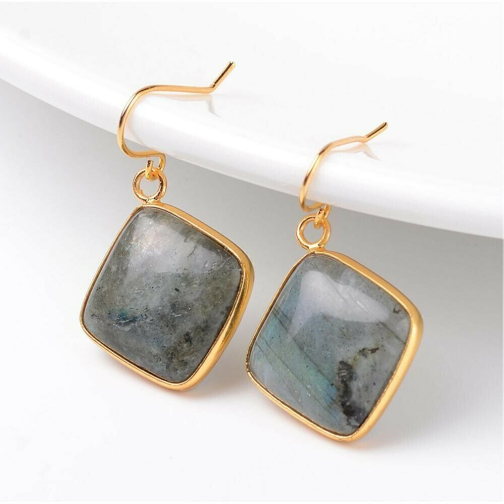 Puffed Diamond Shape Labradorite Gemstone Pendant Gold Plated Trim Earri…